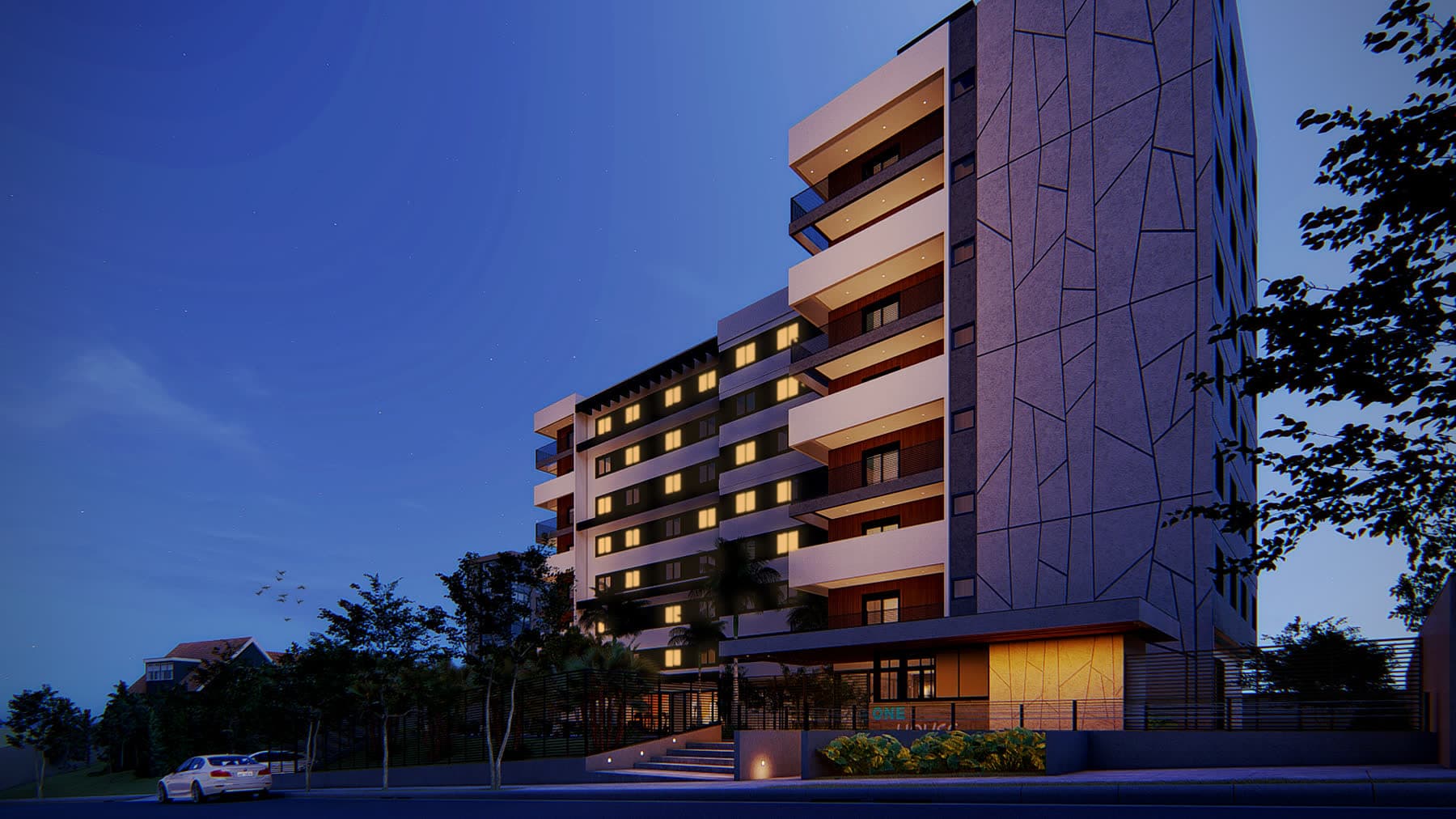 Fachada do One House à noite · render
