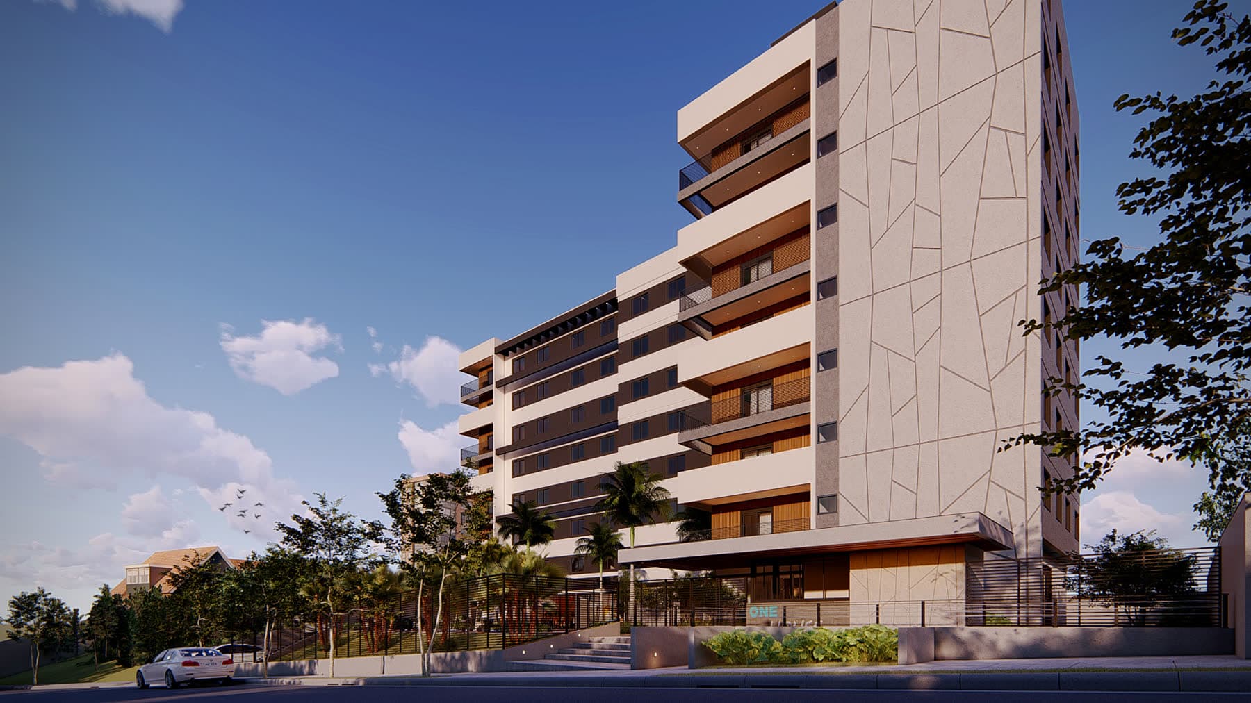 Fachada do One House · render do projeto