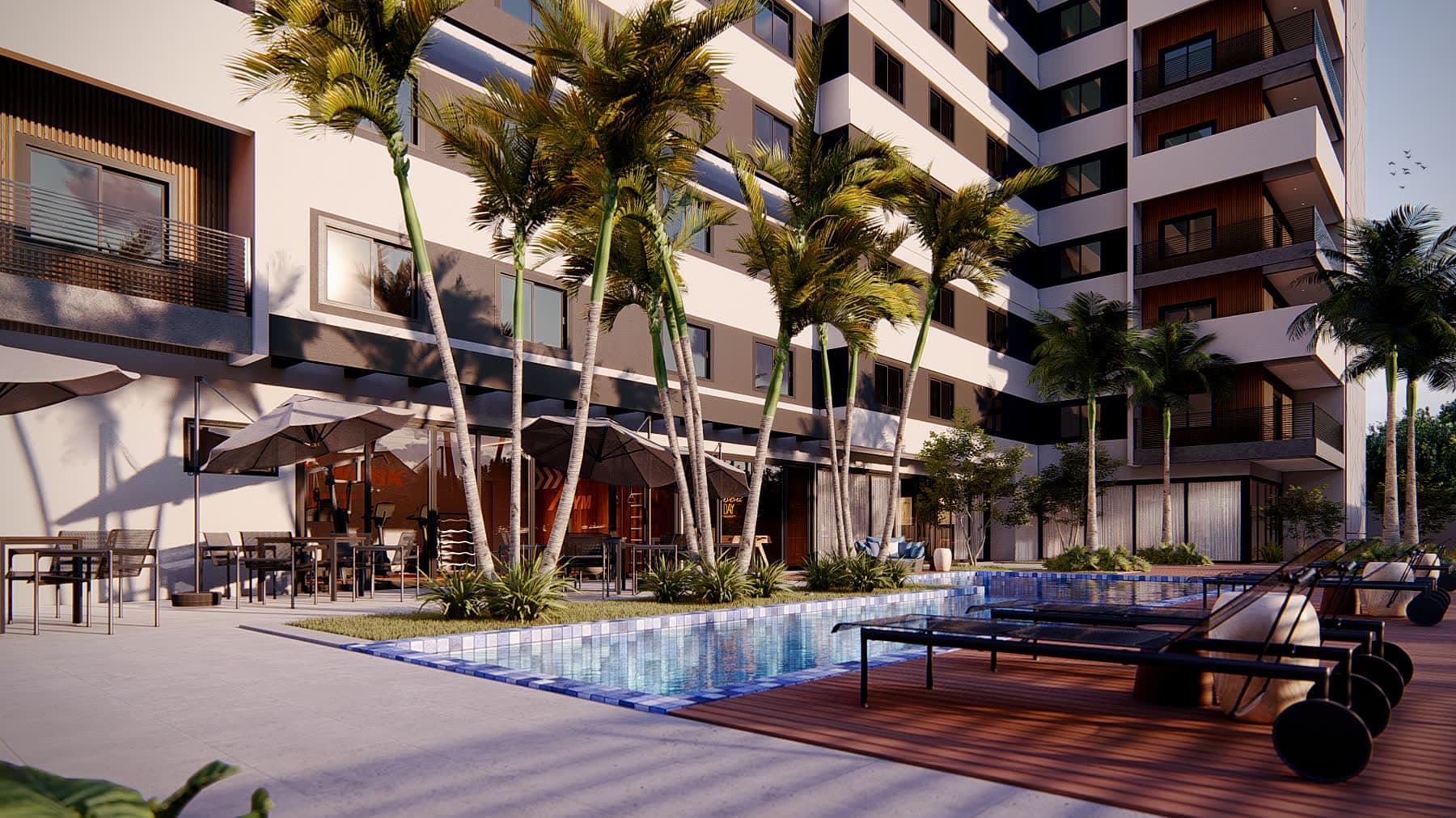 Piscina e solário · render do projeto